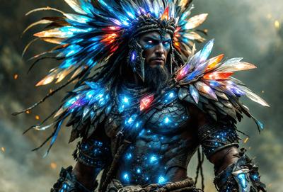 The primary subject of the image is a man wearing a colorful headdress, which appears to be a mix of digital art and illustration. The man is standing in front of a gray background, which adds to the overall atmosphere of the image. The colors in the image are predominantly blue and purple, creating a vibrant and lively mood. The man's attire, which includes a feathered headdress, suggests a connection to Native American culture or a fantasy-inspired theme.